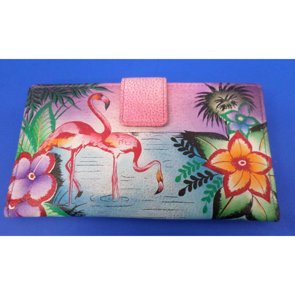 Anuschka Anna Flap-Tab Bi-Fold Wallet TROPICAL FLAMINGOS Hibiscus Flowers NEW
